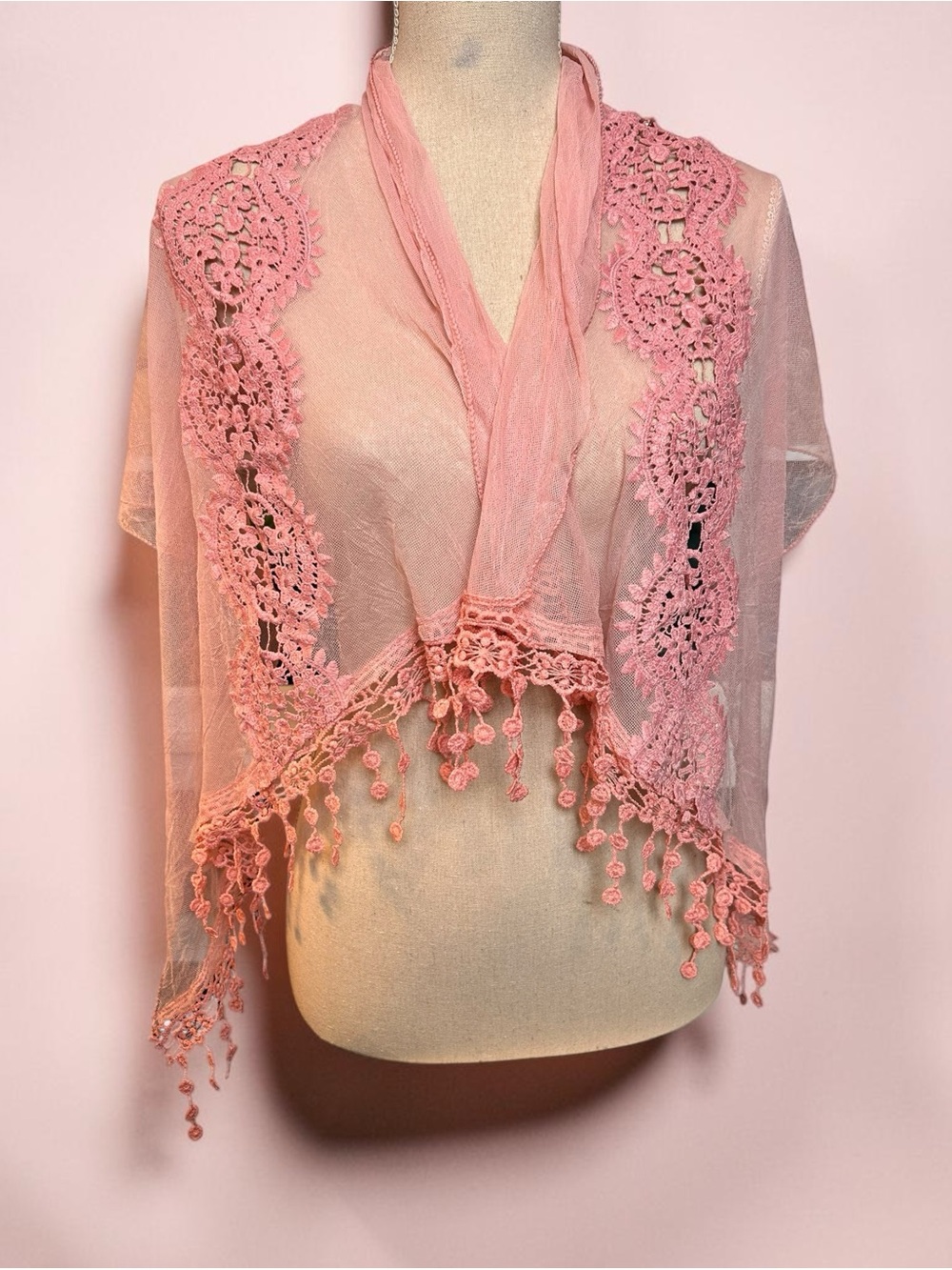 Marie-Claire Pink Lace Mesh Tassel Shawl Wrap Scarf Boho Romantic Feminine